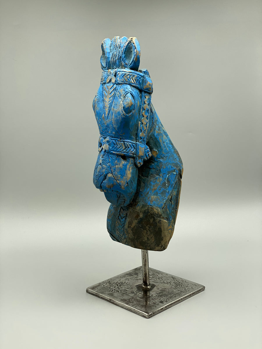 BLUE WOODEN CARVED HORSE SCULPTURE ON STAND