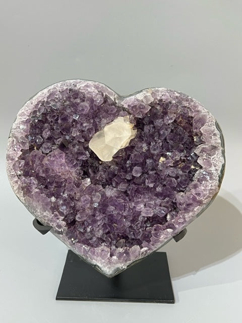 Amethyst Heart with Calcite, on Custom Stand