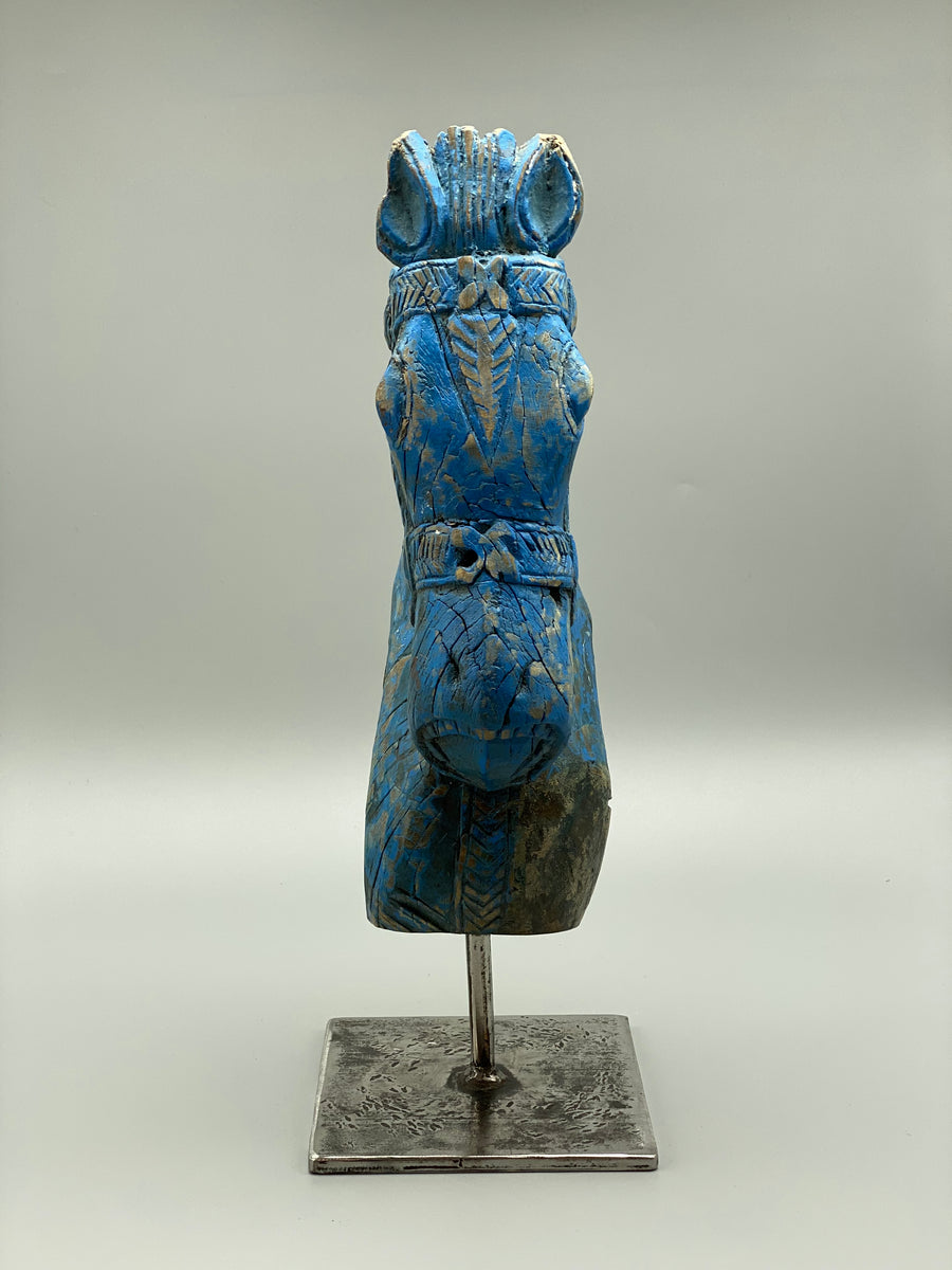 BLUE WOODEN CARVED HORSE SCULPTURE ON STAND
