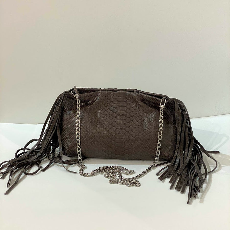 PYTHON FRINGED POUCH WITH CHAIN