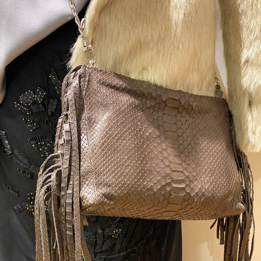 PYTHON FRINGED POUCH WITH CHAIN